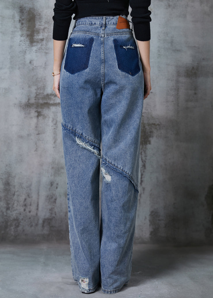 Fitted Blue Patchwork Denim Pants Ripped Jeans Fall