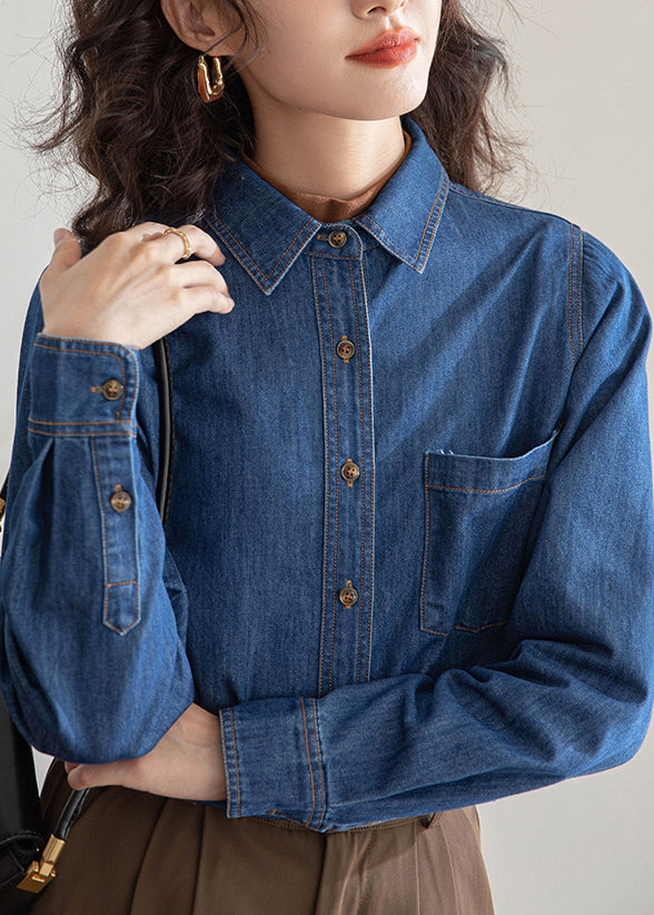 Fitted Blue Peter Pan Collar Button Denim Shirt Spring