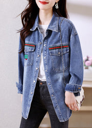 Fitted Blue Peter Pan Collar Button Patchwork Denim Coats Long Sleeve