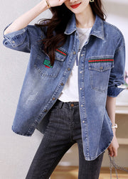 Fitted Blue Peter Pan Collar Button Patchwork Denim Coats Long Sleeve