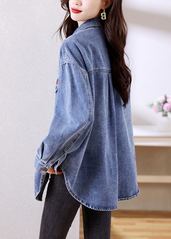 Fitted Blue Peter Pan Collar Button Patchwork Denim Coats Long Sleeve