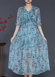 Fitted Blue Ruffled Print Chiffon Party Dress Summer