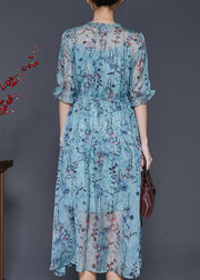 Fitted Blue Ruffled Print Chiffon Party Dress Summer