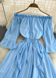 Fitted Blue Slash Neck Ruffled Tunic Chiffon Long Dress Half Sleeve