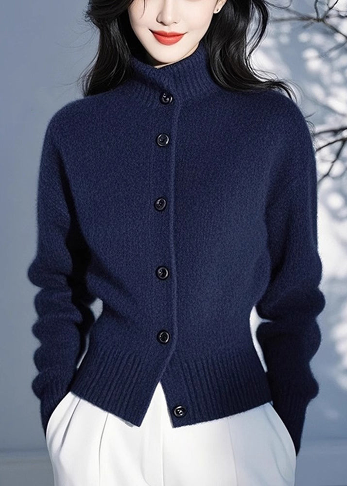 Fitted Blue Stand Collar Button Cotton Knit Cardigans Spring