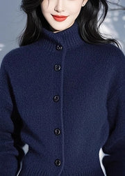 Fitted Blue Stand Collar Button Cotton Knit Cardigans Spring