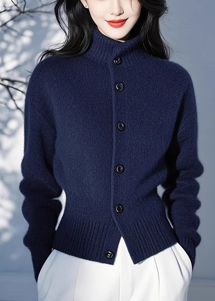 Fitted Blue Stand Collar Button Cotton Knit Cardigans Spring