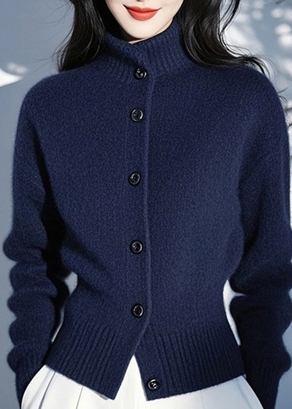 Fitted Blue Stand Collar Button Cotton Knit Cardigans Spring