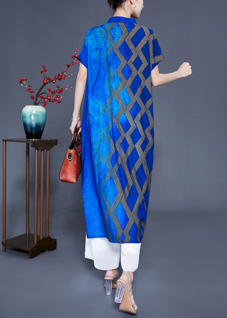 Fitted Blue Stand Collar Tie Dye Silk Maxi Dresses Summer