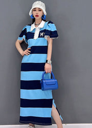 Fitted Blue Striped Turn-down Collar Lace Patchwork Side Open Cotton Long Dress Short Sleeve