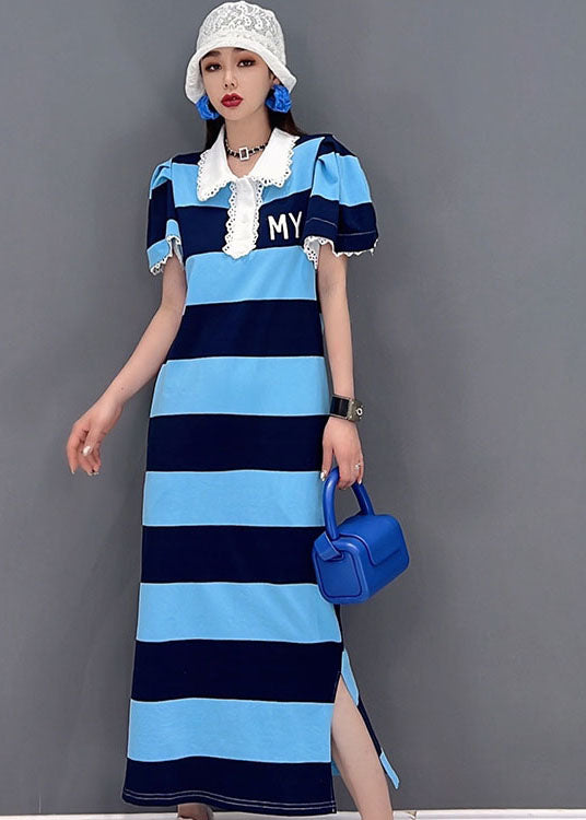 Fitted Blue Striped Turn-down Collar Lace Patchwork Side Open Cotton Long Dress Short Sleeve