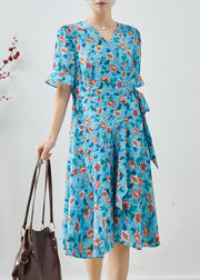 Fitted Blue Tie Waist Print Chiffon Party Dress Summer