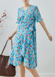 Fitted Blue Tie Waist Print Chiffon Party Dress Summer