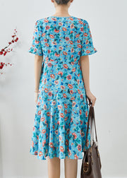 Fitted Blue Tie Waist Print Chiffon Party Dress Summer