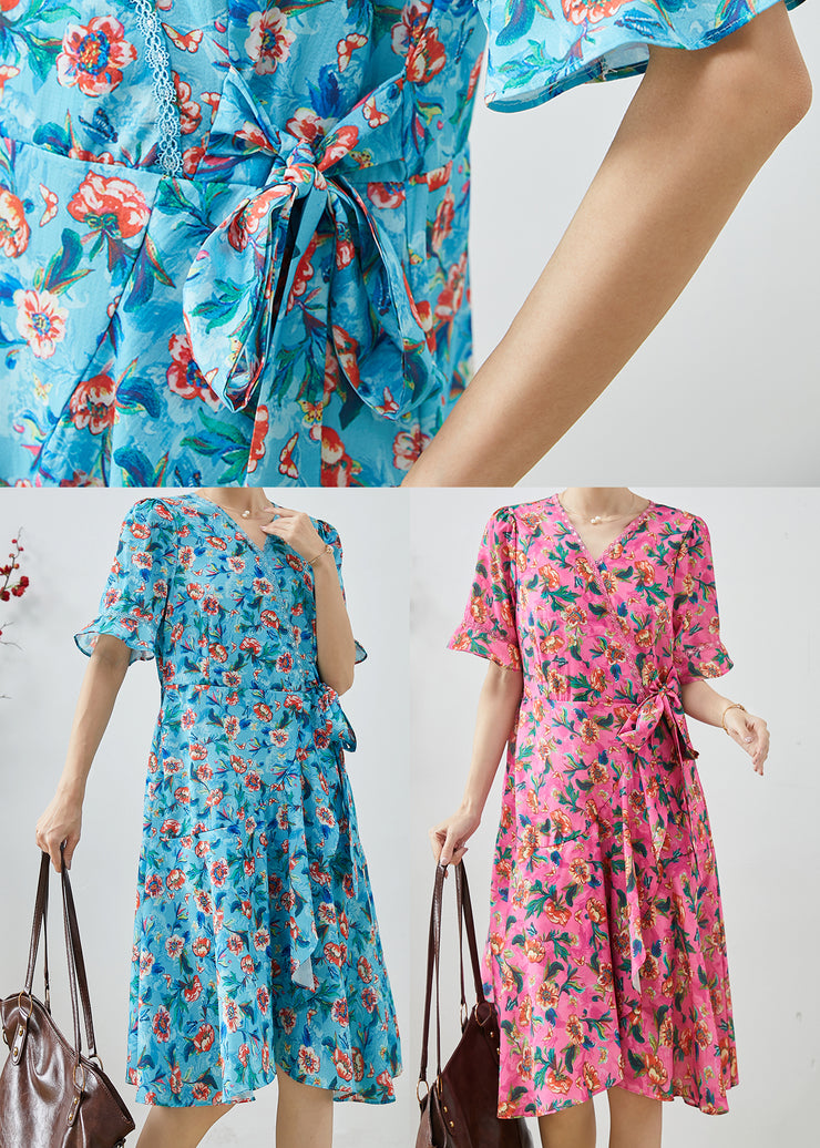 Fitted Blue Tie Waist Print Chiffon Party Dress Summer