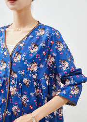 Fitted Blue V Neck Print Cotton Fake Two Piece Shirts Fall