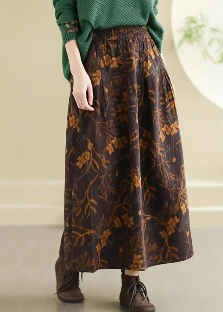 Fitted Brown Oversized Print Cotton Skirt Spring