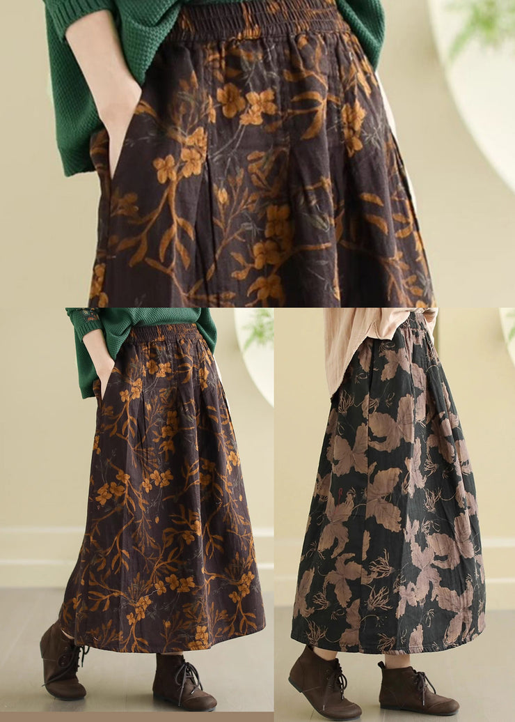 Fitted Brown Oversized Print Cotton Skirt Spring