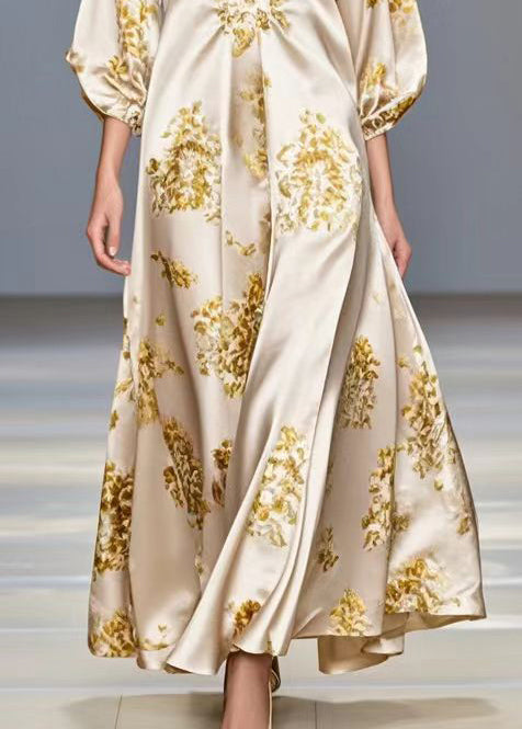 Fitted Champagne Oversized Print Silk Maxi Dress Bracelet Sleeve