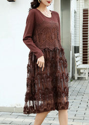 Fitted Coffee Embroideried Patchwork Knit Dresses Spring