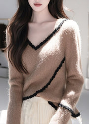 Fitted Coffee V Neck Lace Patchwork Knit Pullover Spring