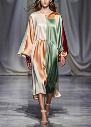 Fitted Colorblock Asymmetrical Patchwork Silk Long Dresses Spring