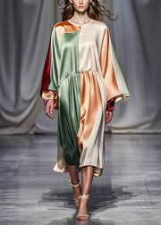 Fitted Colorblock Asymmetrical Patchwork Silk Long Dresses Spring