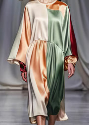 Fitted Colorblock Asymmetrical Patchwork Silk Long Dresses Spring