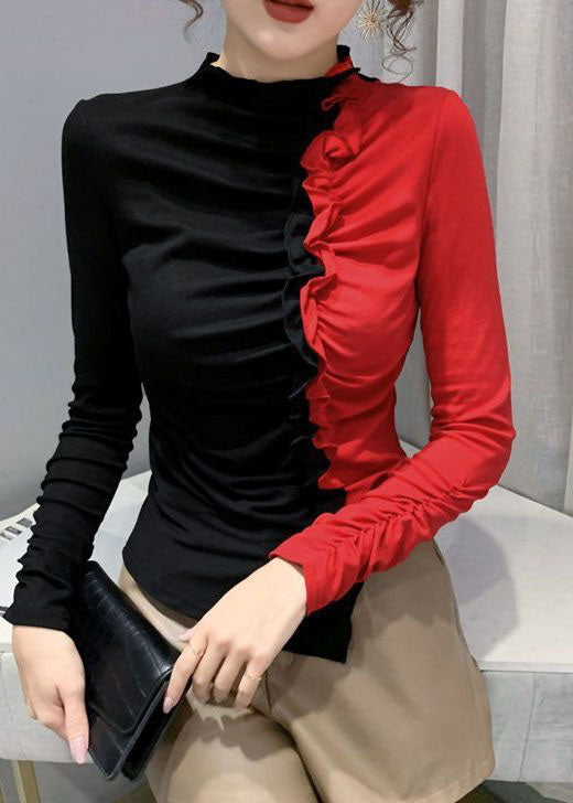 Fitted Colorblock Asymmetrical Ruffled Patchwork Cotton Tops Long Sleeve