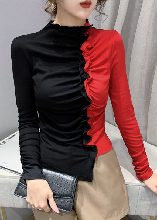 Fitted Colorblock Asymmetrical Ruffled Patchwork Cotton Tops Long Sleeve