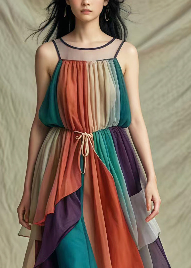 Fitted Colorblock Cold Shoulder Tie Waist Tulle Maxi Dresses Summer