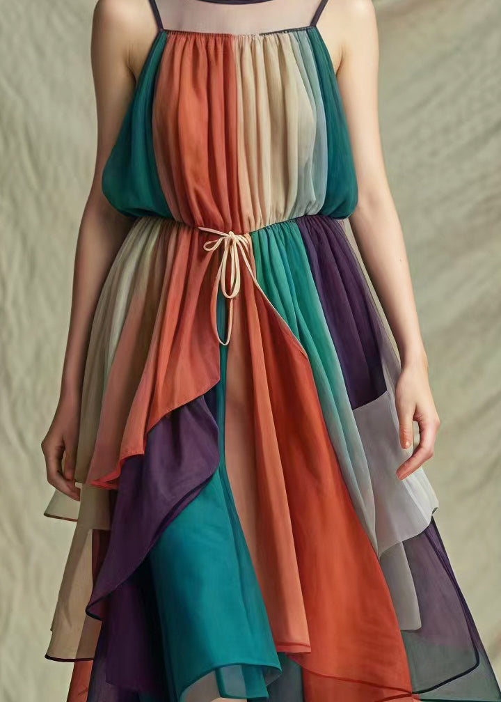 Fitted Colorblock Cold Shoulder Tie Waist Tulle Maxi Dresses Summer