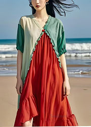 Fitted Colorblock V Neck Patchwork Ruffles Cotton Mid Dress Summer