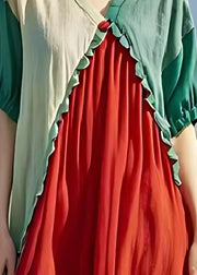 Fitted Colorblock V Neck Patchwork Ruffles Cotton Mid Dress Summer