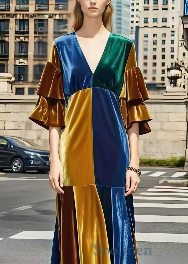 Fitted Colorblock V Neck Patchwork Silk Velvet Long Dress Flare Sleeve