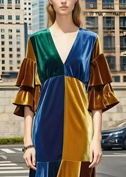 Fitted Colorblock V Neck Patchwork Silk Velvet Long Dress Flare Sleeve