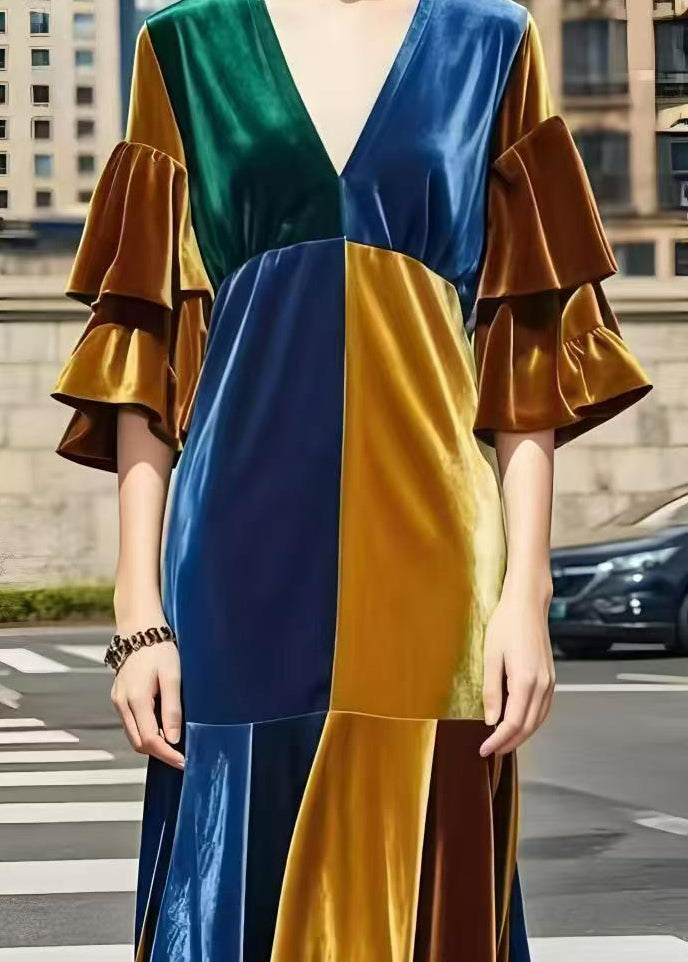 Fitted Colorblock V Neck Patchwork Silk Velvet Long Dress Flare Sleeve