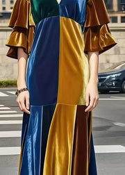 Fitted Colorblock V Neck Patchwork Silk Velvet Long Dress Flare Sleeve