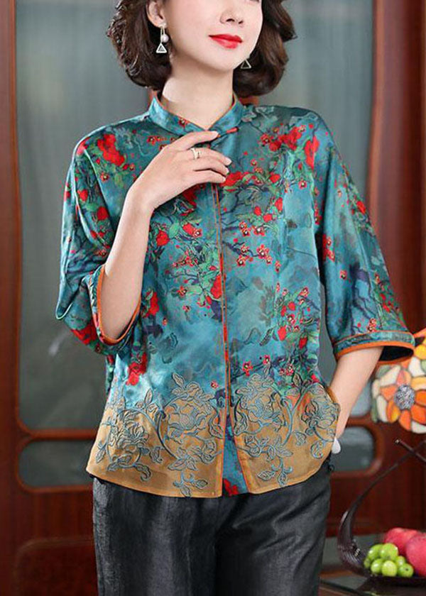 Fitted Dark Green Stand Collar Print Silk Shirt Tops Half Sleeve