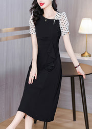 Fitted French Black Ruffled Patchwork Dresses Summer