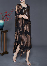 Fitted Golden Asymmetrical Print Silk Robe Dresses Summer