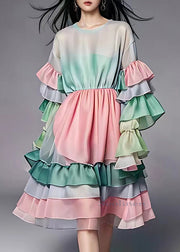 Fitted Gradient Color Wrinkled Patchwork Chiffon Mid Dresses Long Sleeve