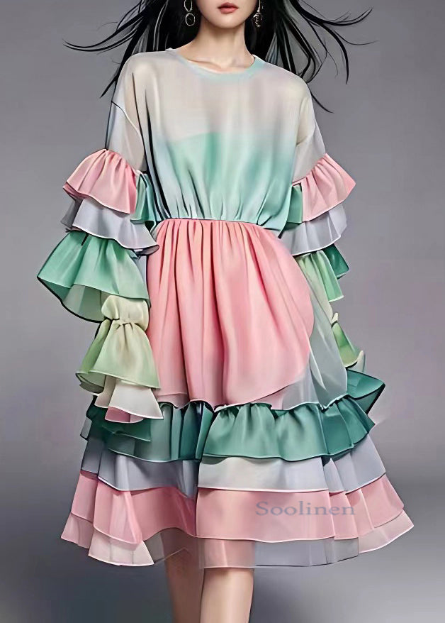Fitted Gradient Color Wrinkled Patchwork Chiffon Mid Dresses Long Sleeve