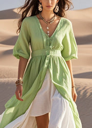 Fitted Green Asymmetrical Exra Large Hem Cotton Holiday Dress Summer