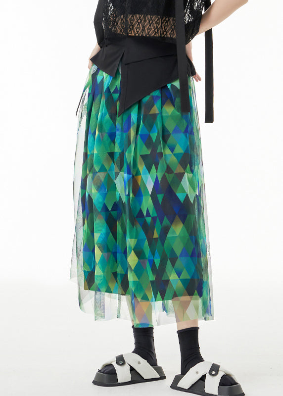 Fitted Green Asymmetrical Print Patchwork Tulle Skirts Summer