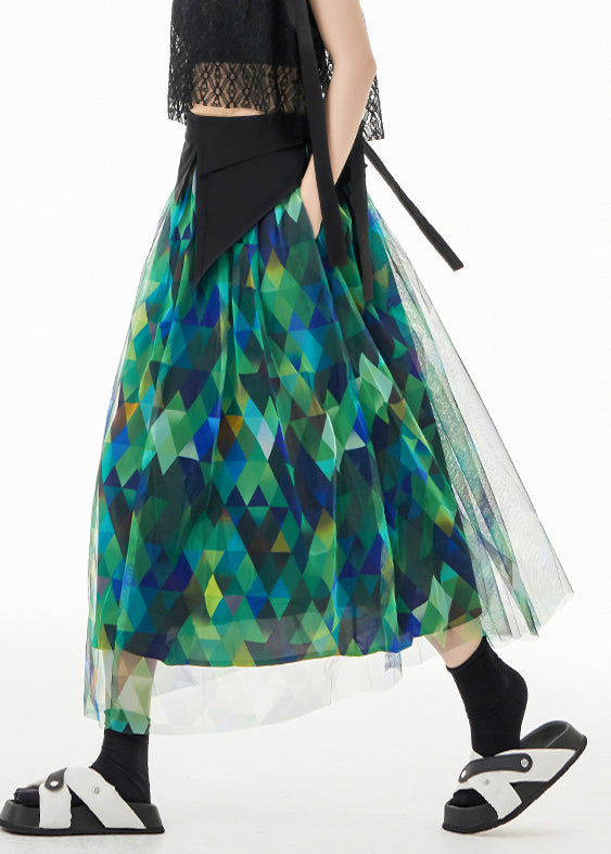 Fitted Green Asymmetrical Print Patchwork Tulle Skirts Summer