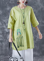 Fitted Green Embroideried Tassel Linen Top Half Sleeve