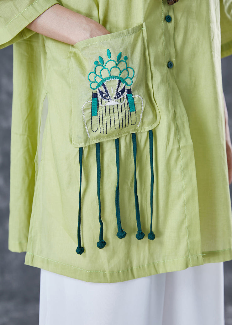 Fitted Green Embroideried Tassel Linen Top Half Sleeve