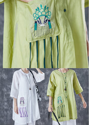 Fitted Green Embroideried Tassel Linen Top Half Sleeve