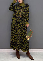 Fitted Green High Neck Oversized Leopard Print Long Knit Dress Winter